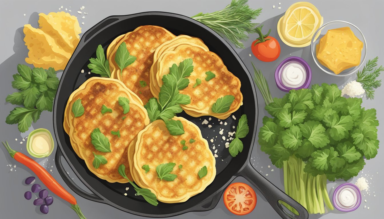 A sizzling skillet holds golden brown cauliflower and Parmesan pancakes, surrounded by fresh herbs and colorful vegetables