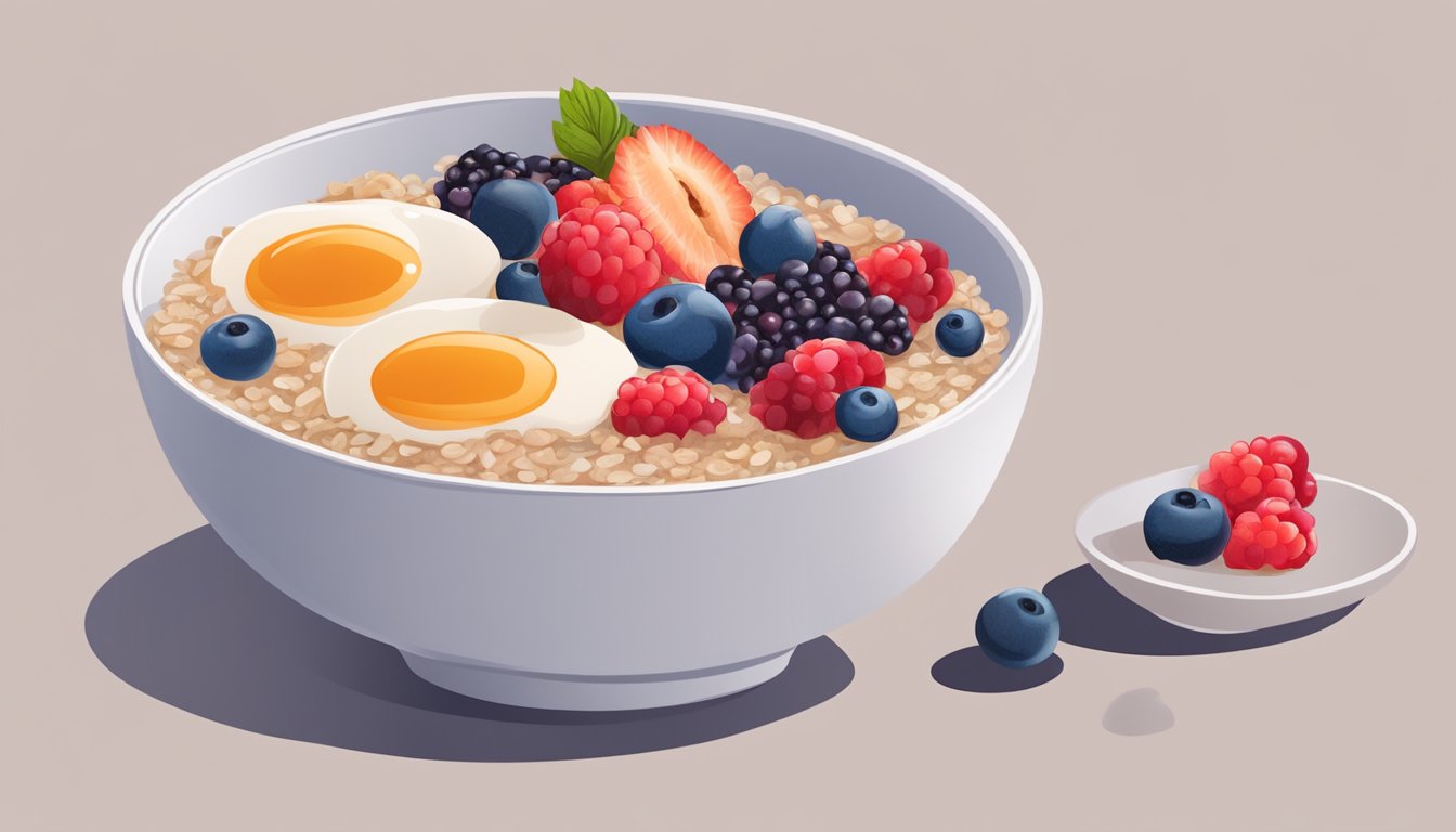 A bowl of oat bran porridge topped with a variety of colorful berries, surrounded by different breakfast dishes featuring oat bran