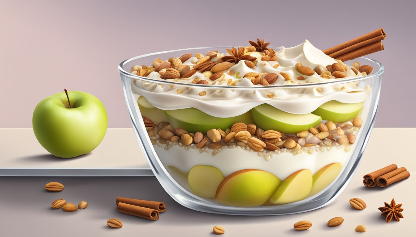 A glass parfait dish filled with layers of sliced apples, cinnamon-infused yogurt, and crunchy nuts, topped with a sprinkle of cinnamon