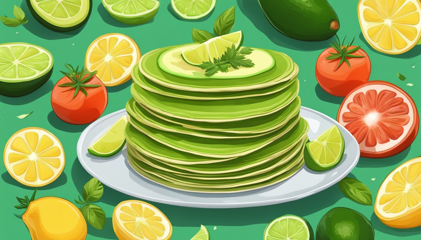 A stack of green and yellow pancakes topped with slices of avocado and lime, surrounded by fresh ingredients like herbs and tomatoes