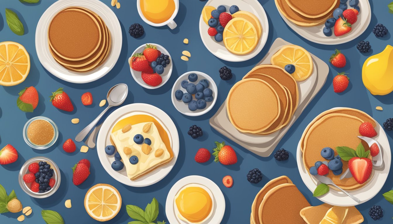 A colorful spread of oat bran pancakes, fruit, and toppings arranged on a breakfast table