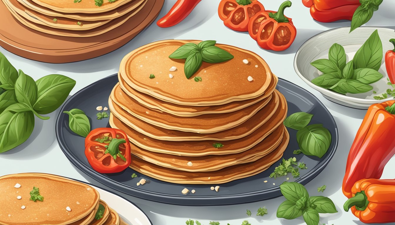 A stack of red pepper and basil pancakes on a plate, surrounded by fresh herbs and a sprinkle of seasoning