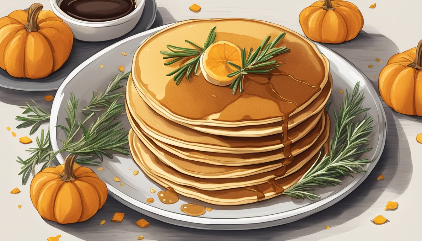 A plate of golden-brown pancakes topped with fresh rosemary and slices of pumpkin, surrounded by a sprinkle of herbs and a drizzle of syrup