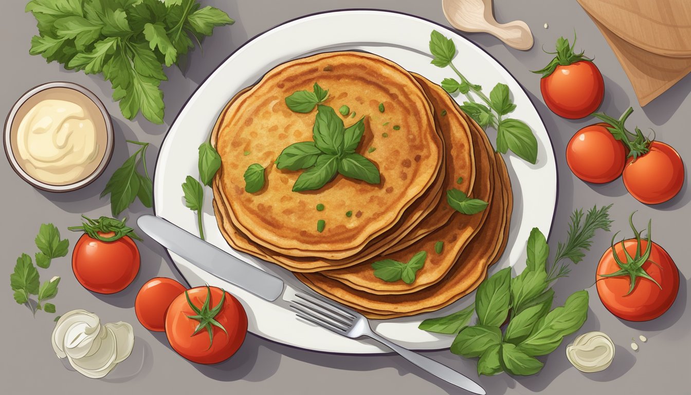 A plate of savory eggplant and tomato pancakes surrounded by fresh ingredients and herbs