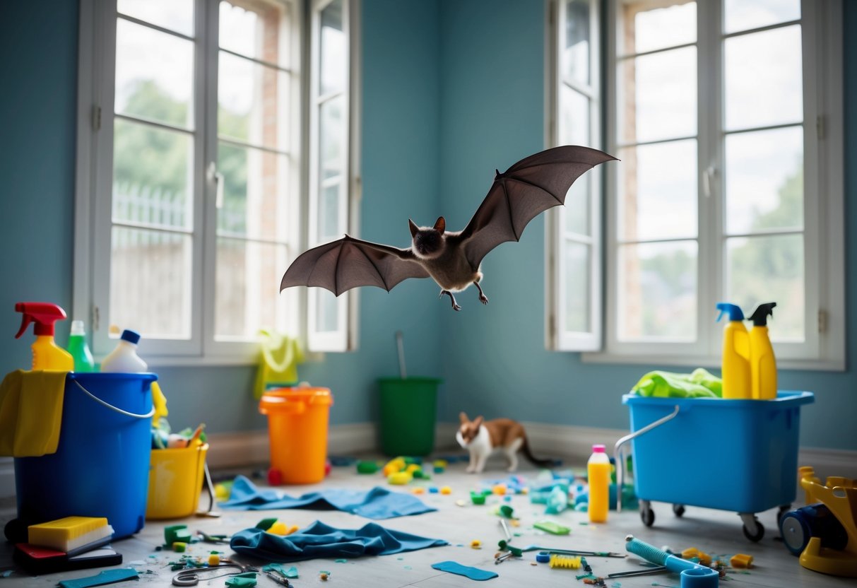 A bat flies freely in a cluttered room, while cleaning supplies are scattered on the floor. Windows are open, and a small pet cowers in a corner