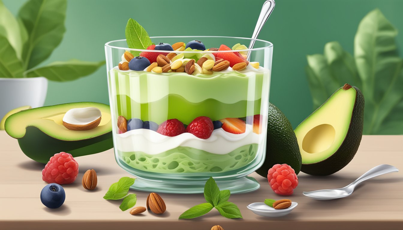 A glass parfait dish filled with layers of avocado, lime, and yogurt, topped with fresh fruit and nuts