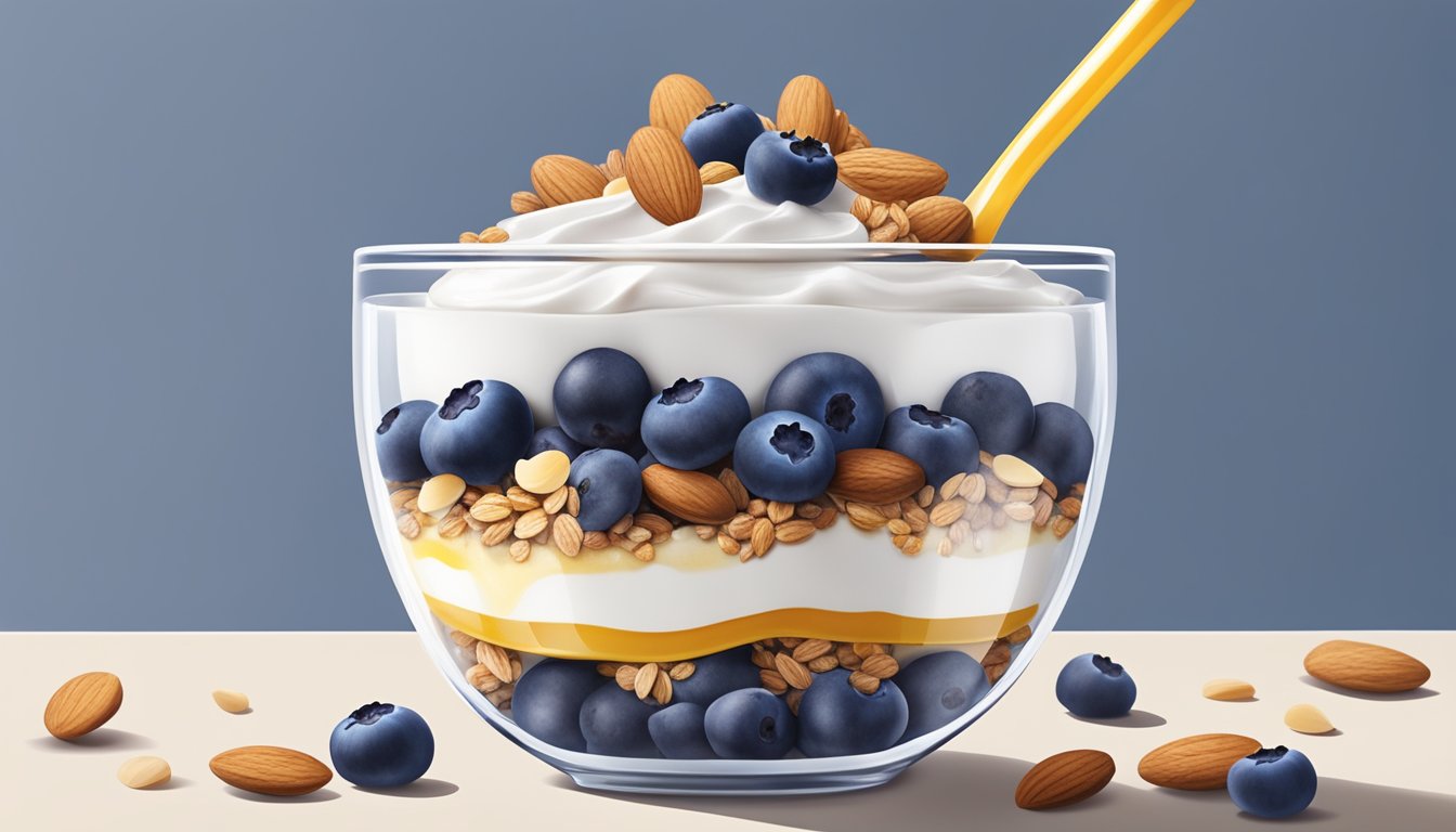 A glass parfait dish filled with layers of blueberries, almonds, and yogurt, topped with a sprinkle of granola and a drizzle of honey