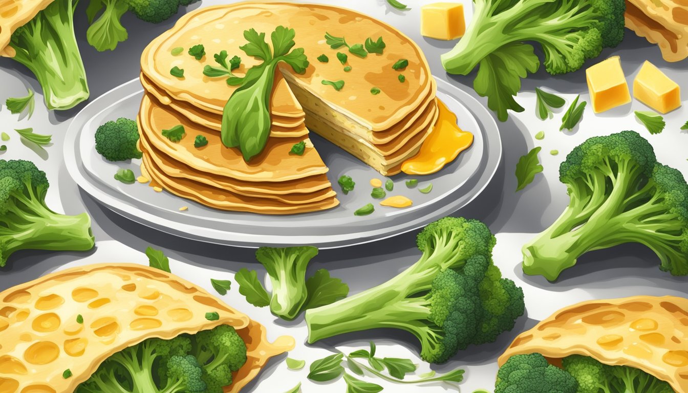 A stack of golden savory pancakes topped with broccoli florets and melted cheddar cheese, surrounded by a scattering of fresh herbs and spices