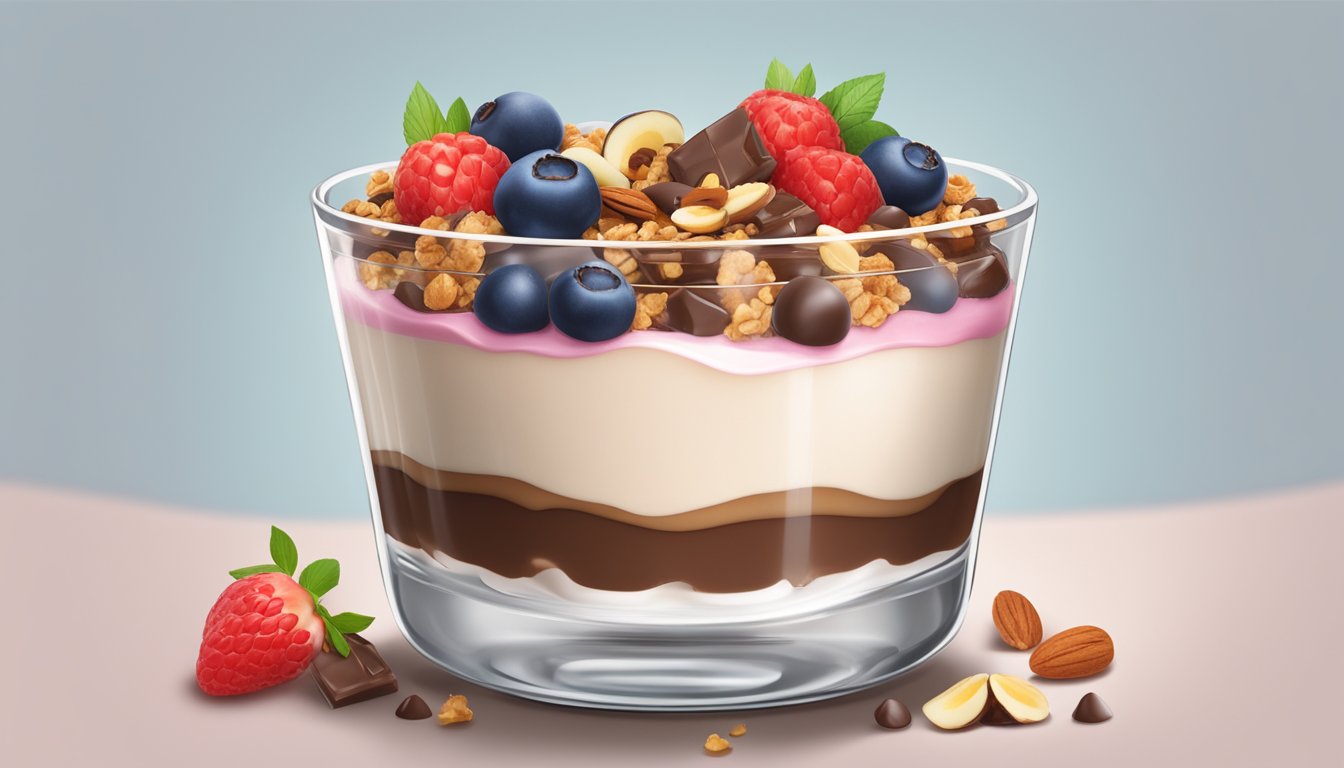 A glass parfait dish filled with layers of chocolate hazelnut yogurt, granola, and fresh berries, topped with a sprinkle of chopped nuts