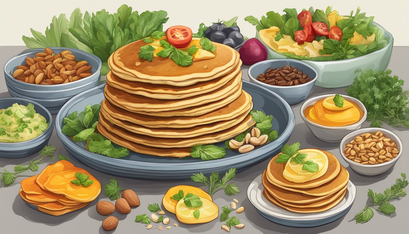 A colorful array of savory pancakes surrounded by fresh herbs, nuts, and vegetables, with a variety of healthy toppings