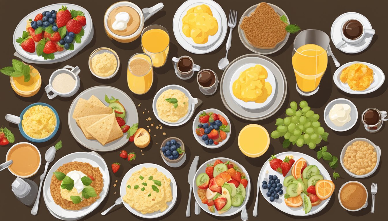 A table set with various breakfast dishes, including oat bran scrambled eggs prepared in 15 different ways, with accompanying fruits and beverages