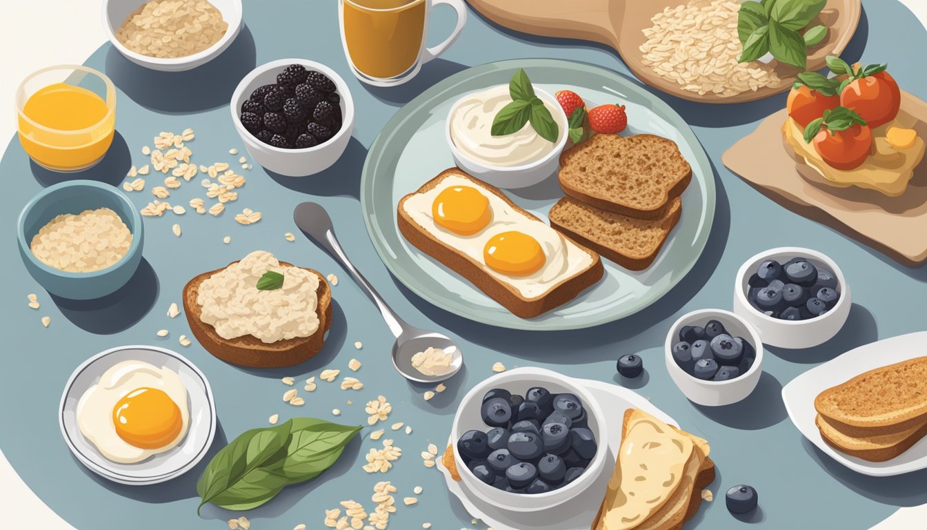 A table set with various toppings and spreads next to a plate of oat bran-ricotta toast, with a diabetic breakfast cookbook open nearby