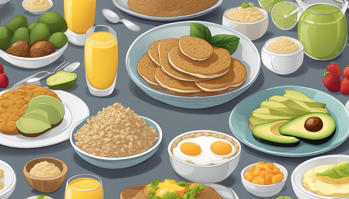 A table with a variety of breakfast items, including oat bran and avocado, arranged in 15 different ways