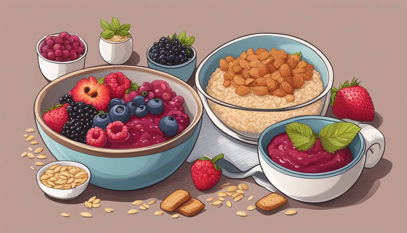 A bowl of oat bran topped with a vibrant berry compote, surrounded by various breakfast items and ingredients