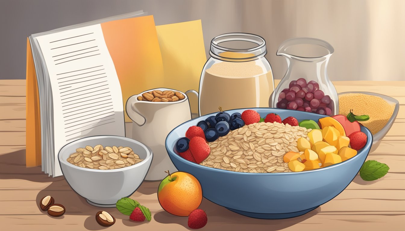 A bowl of oat bran topped with various fruits and nuts, alongside a stack of recipe cards with different ways to incorporate oat bran into a diabetic breakfast