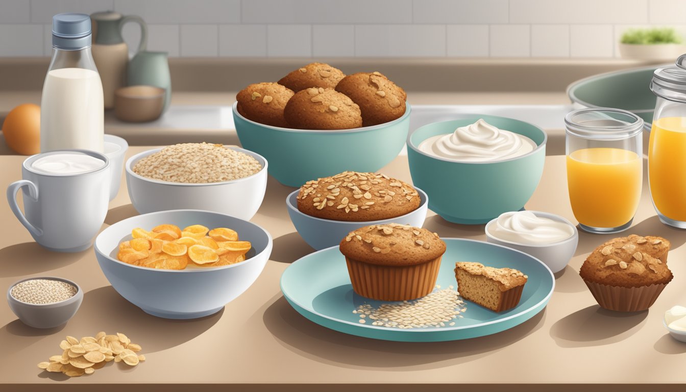 A kitchen counter with a variety of breakfast foods, including oat bran muffins, oatmeal, and yogurt with oat bran sprinkled on top