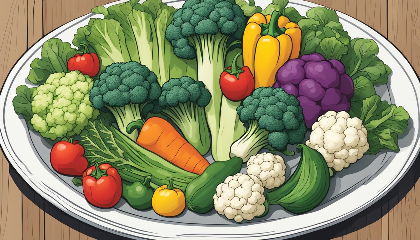 A plate filled with a variety of non-starchy vegetables, such as broccoli, cauliflower, bell peppers, and leafy greens, arranged in an appealing manner