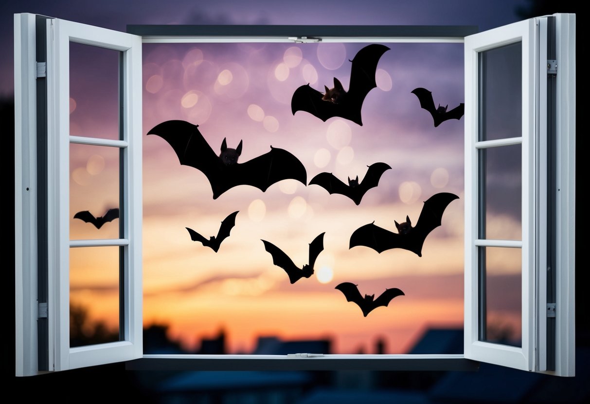 Bats flying out of an open window at dusk