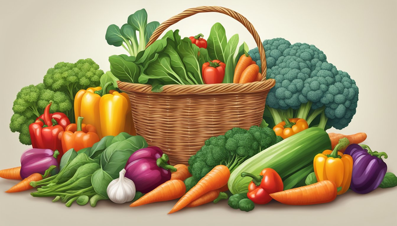 A colorful array of non-starchy vegetables overflowing from a basket, including broccoli, spinach, bell peppers, and carrots, with a diabetic-friendly meal in the background