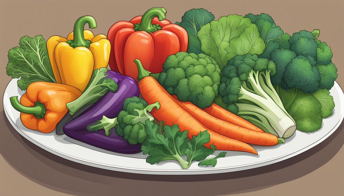 A colorful array of non-starchy vegetables arranged on a plate, including broccoli, bell peppers, carrots, and leafy greens