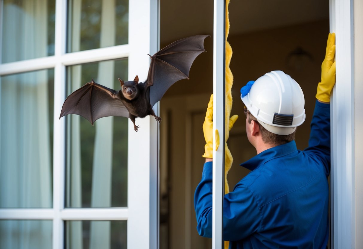 A bat flying out of an open window while a professional seals off entry points to the house