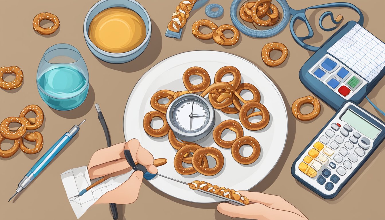 A diabetic measuring out a portion of pretzels, a plate of pretzels, a blood sugar monitoring device, and a piece of paper with blood sugar readings