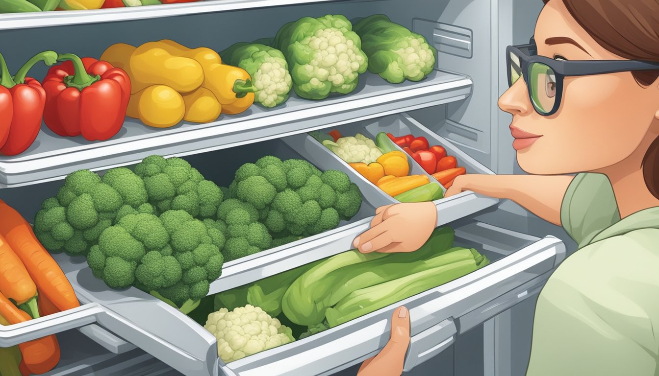 A diabetic carefully selects and stores various non-starchy vegetables, such as broccoli, cauliflower, and bell peppers, in a well-organized refrigerator drawer