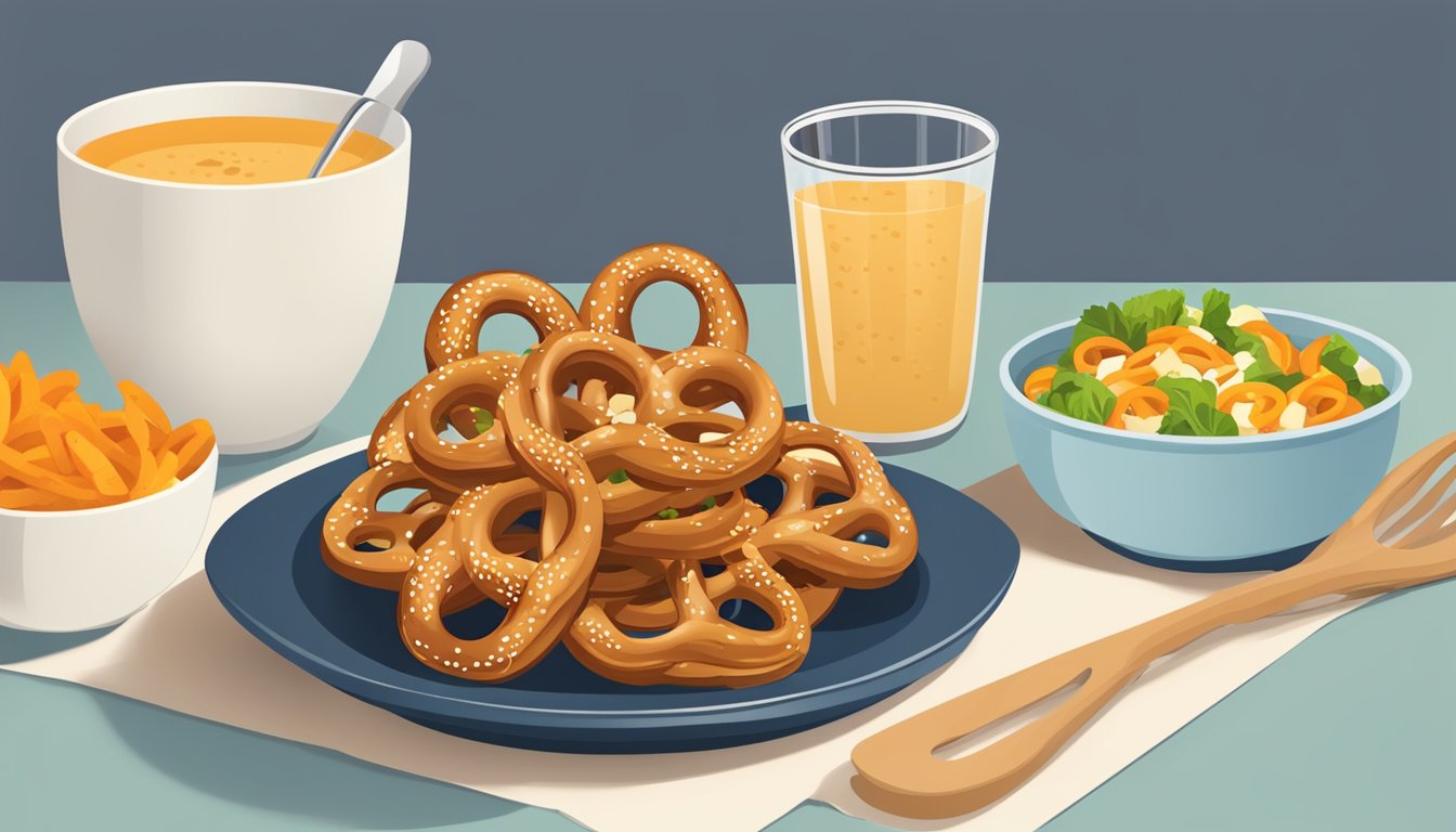 A bowl of pretzels next to a plate of healthy food, with a measuring cup nearby