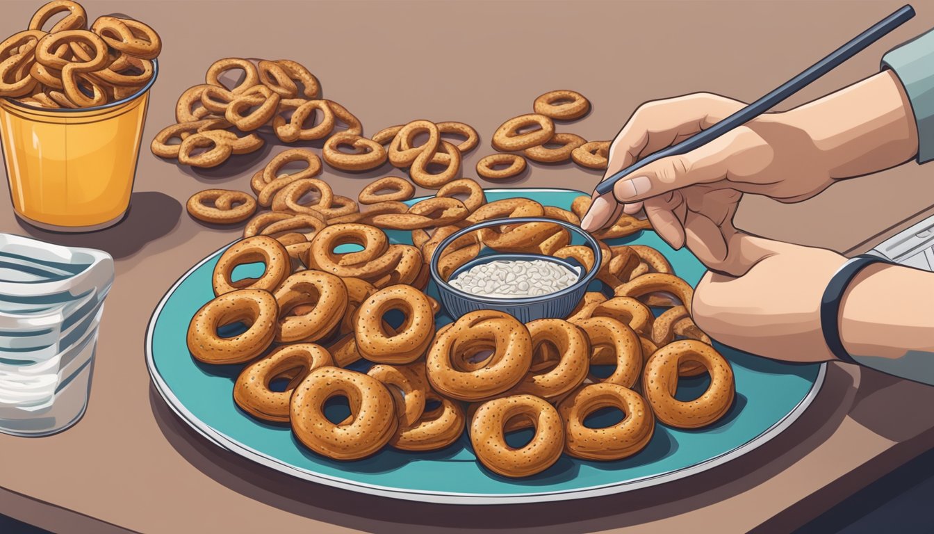 A diabetic hand reaches for a small portion of pretzels on a plate, while a nutritionist looks on with a measuring cup in hand