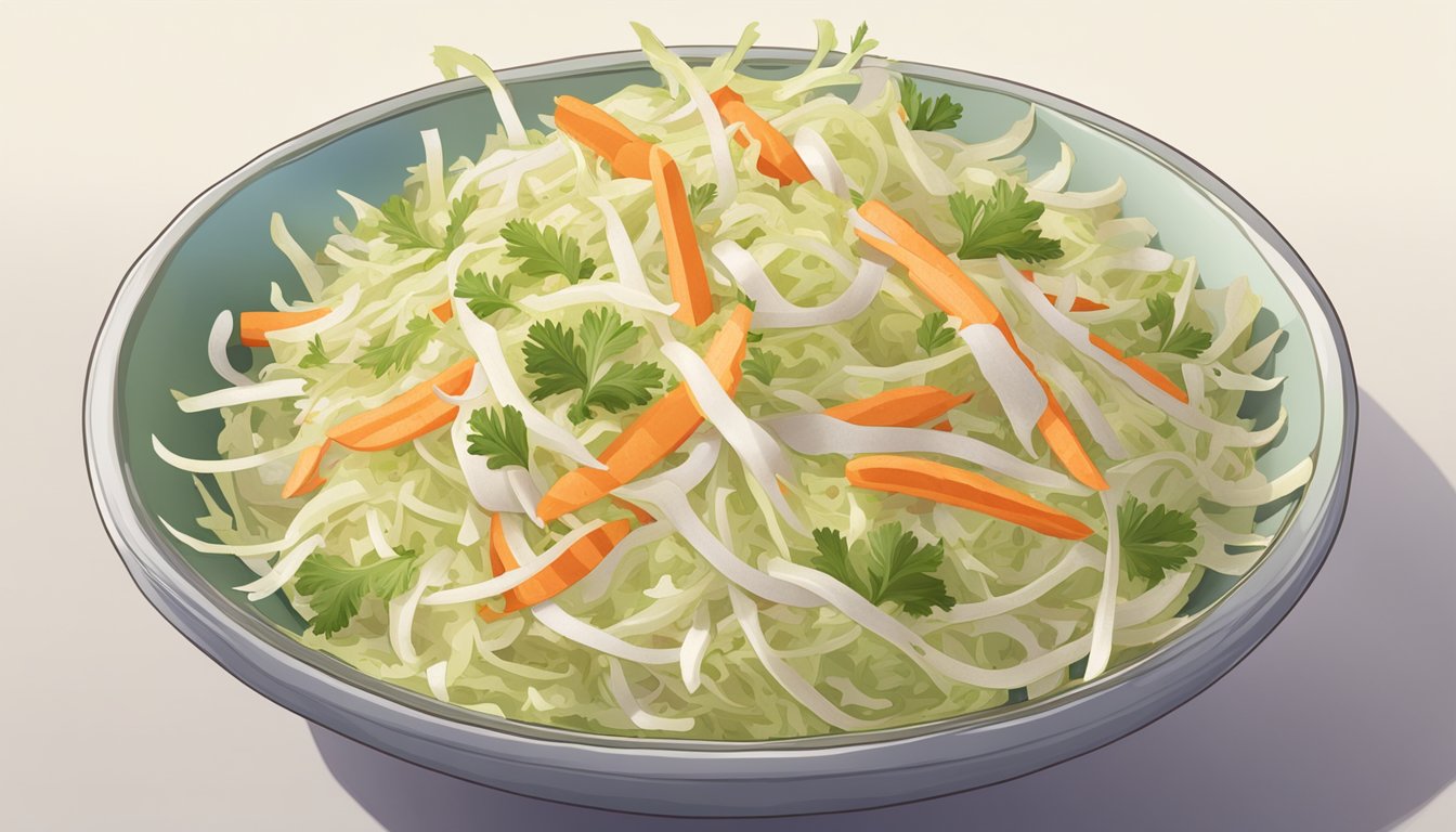 A bowl of coleslaw with shredded cabbage, carrots, and a light dressing