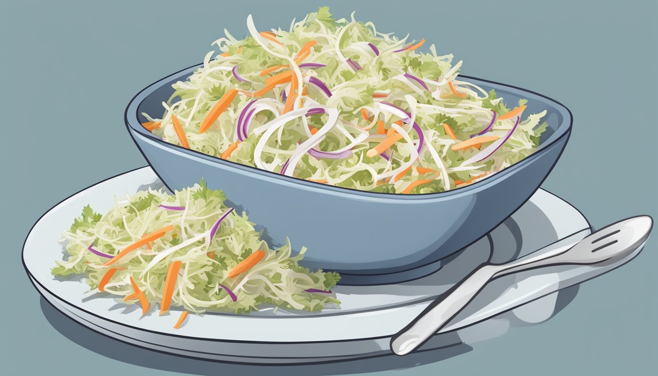 A plate of coleslaw with a measuring cup next to it, showing the portion size suitable for a diabetic