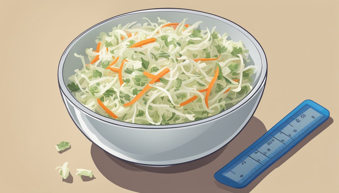 A small bowl of coleslaw next to a measuring cup and a portion control guide for diabetics