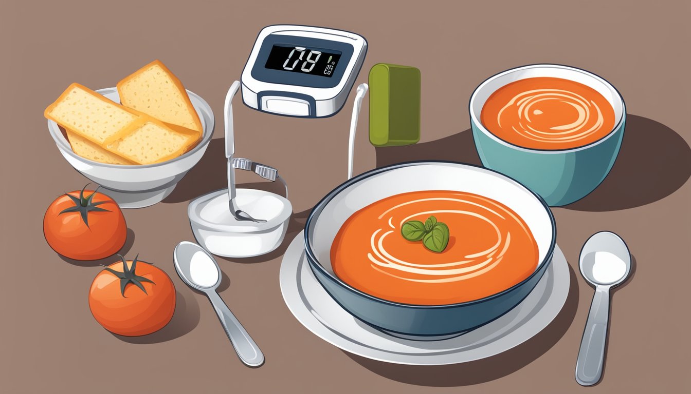 A bowl of tomato soup with a spoon and a blood glucose monitoring device nearby