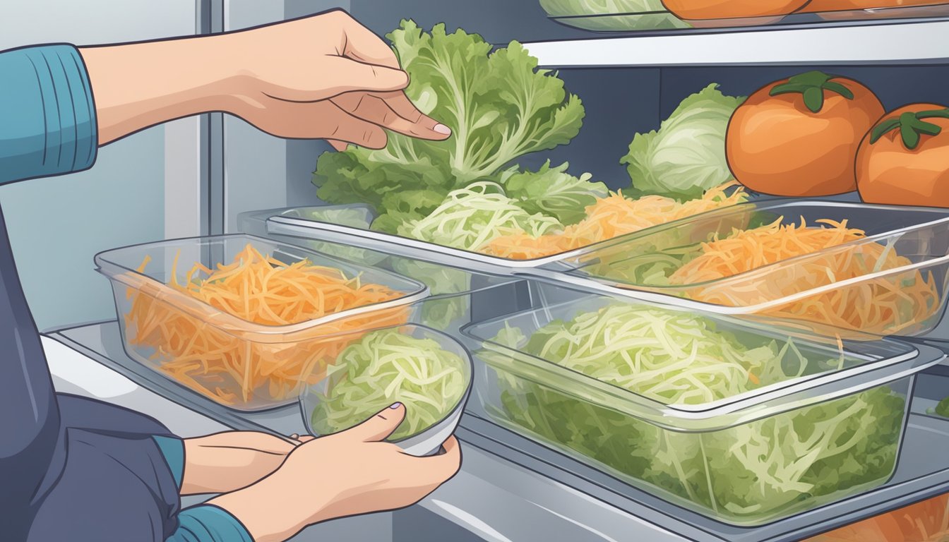 A person with diabetes selecting a small portion of coleslaw from a larger serving, then placing it in a container for storage in the refrigerator