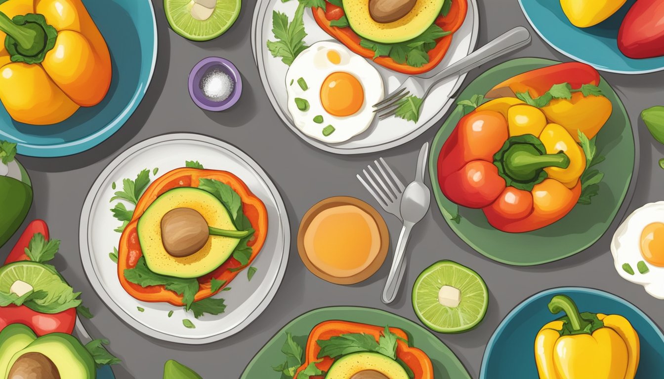 A colorful array of bell peppers filled with eggs and avocado, arranged on a breakfast table