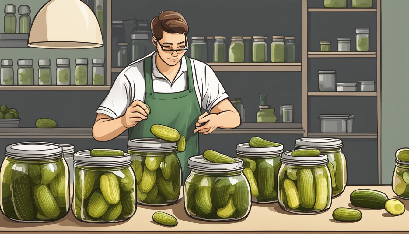 A diabetic person carefully examining a jar of pickles, reading the nutritional label and counting the number of pickles they can eat