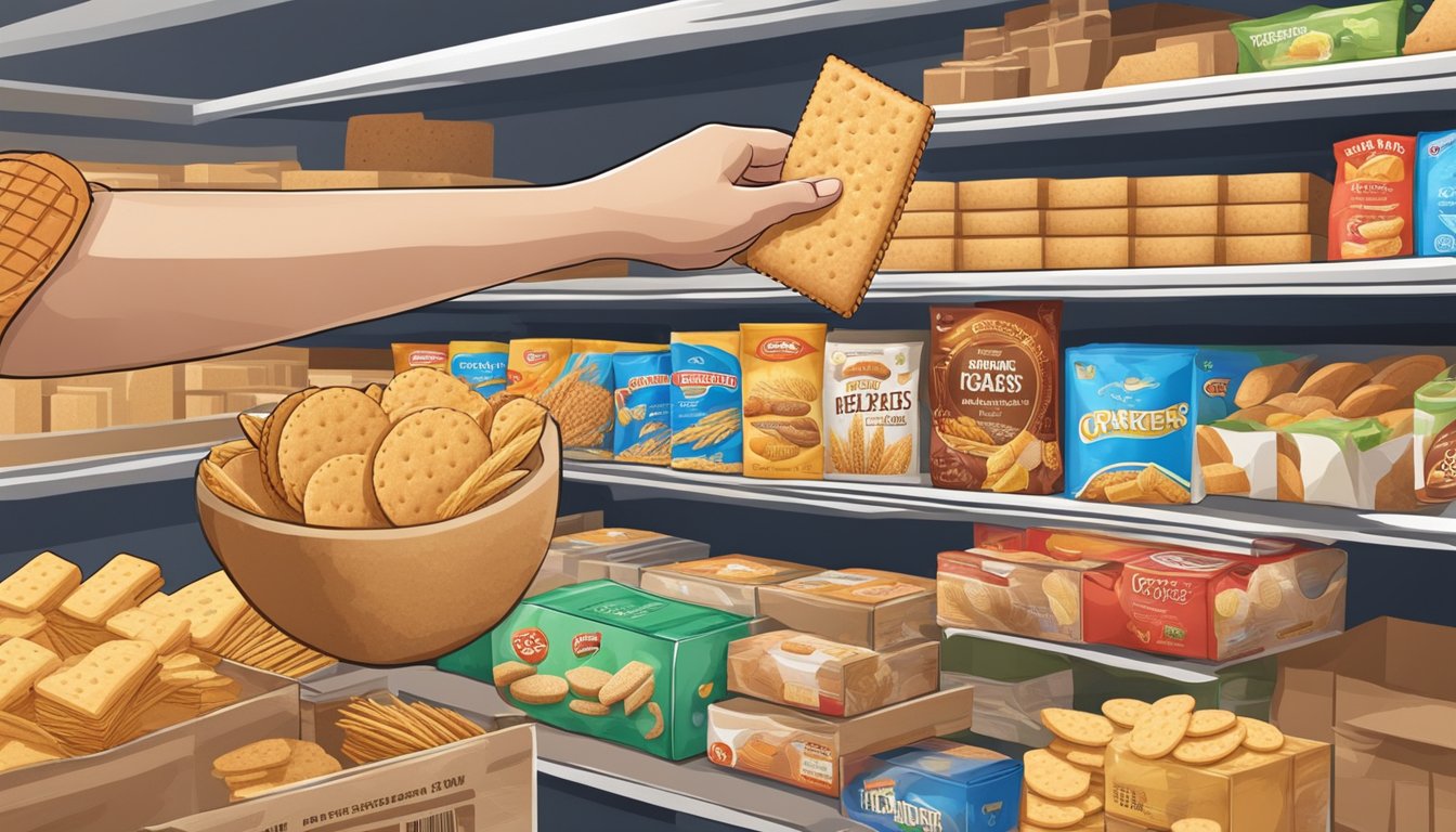 A hand reaching for a box of wheat crackers, surrounded by various types of crackers on a grocery store shelf