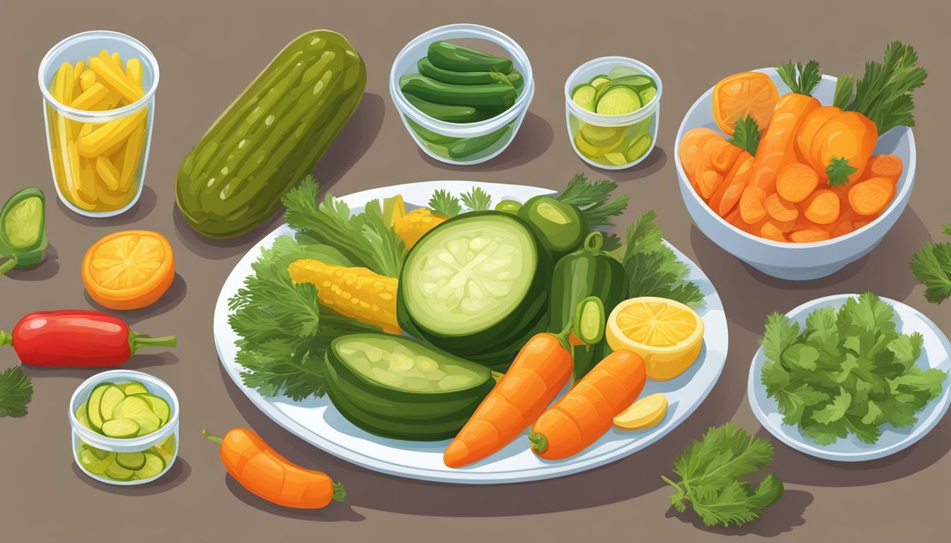 A plate with a variety of pickles in different shapes and sizes, surrounded by colorful vegetables and a measuring cup