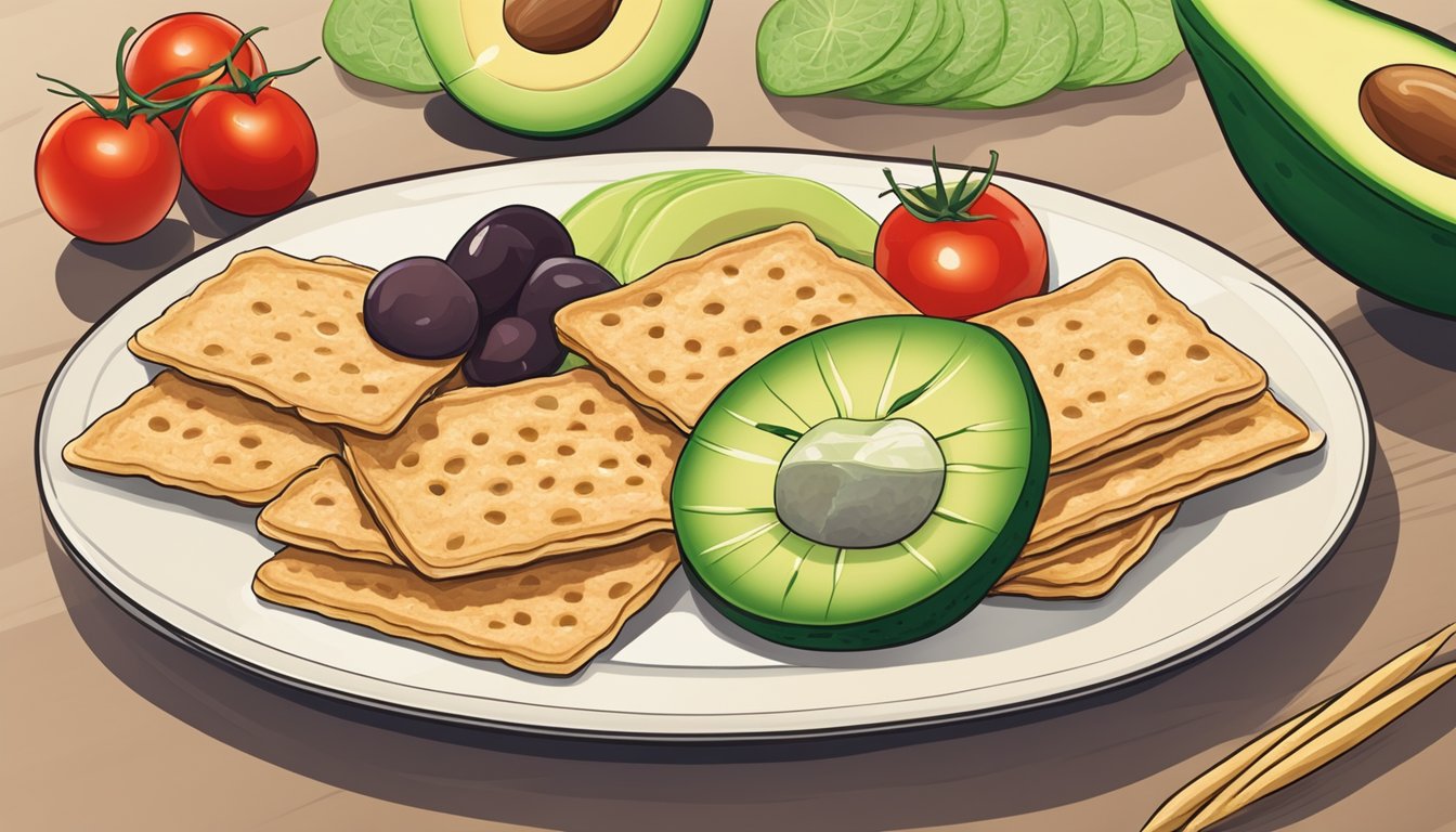 A plate of wheat crackers with various healthy toppings: avocado, hummus, cherry tomatoes, and cucumber slices