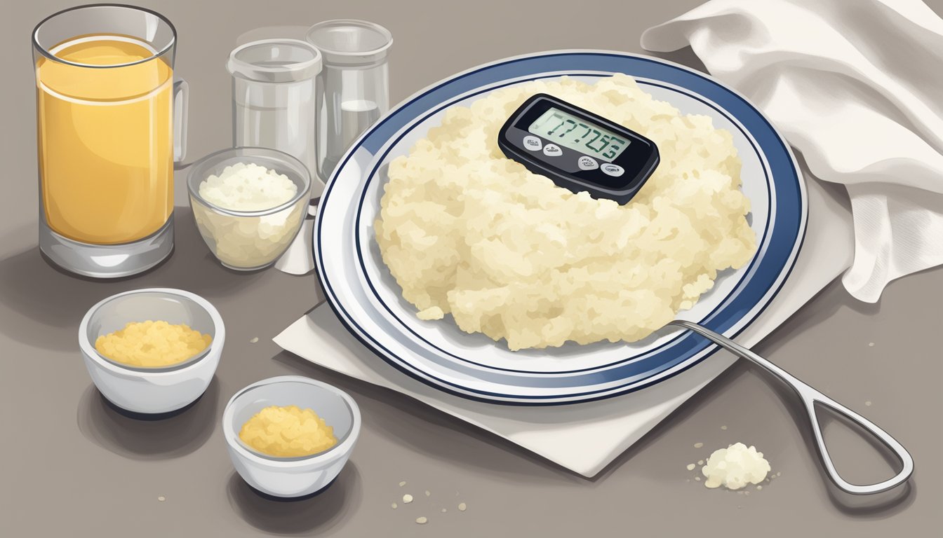 A plate of mashed potatoes with a small portion next to a measuring cup, a nutrition label, and a diabetic blood sugar monitor nearby