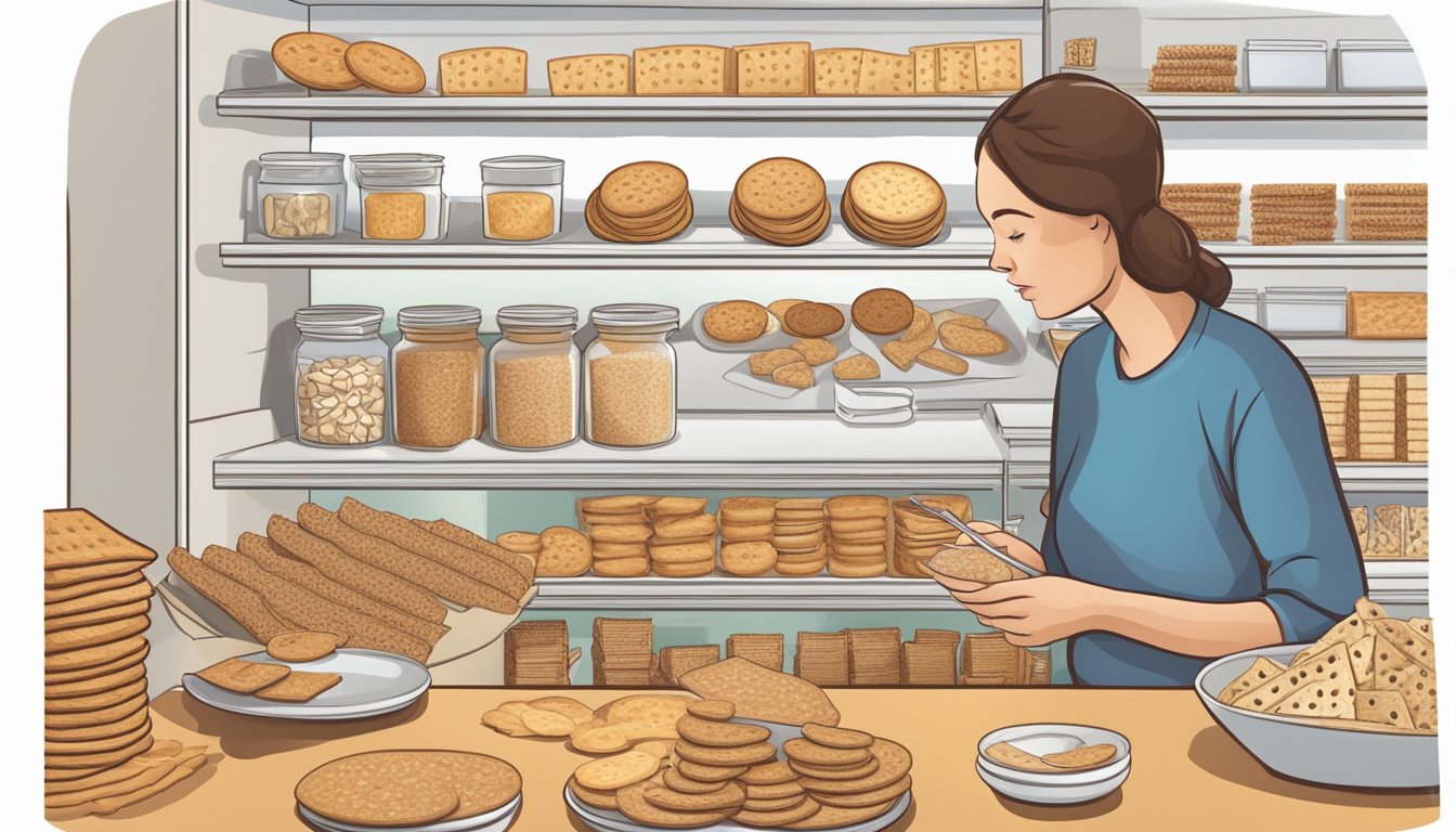 A diabetic person carefully choosing a small portion of whole wheat crackers from a selection of healthy snack options