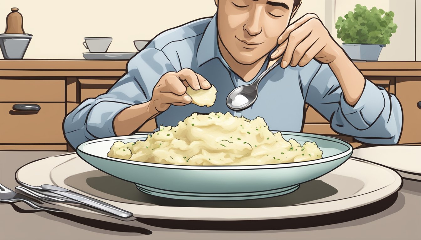 A diabetic portioning out a small serving of mashed potatoes onto their plate