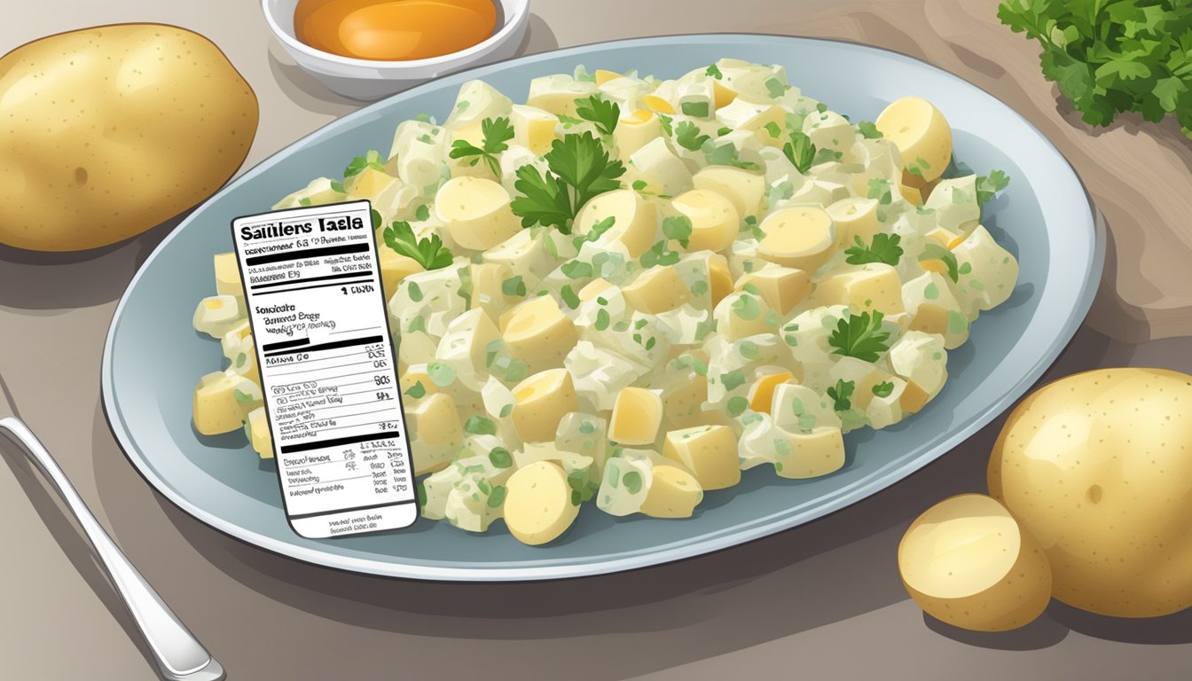 A plate of potato salad with a measuring cup and a nutritional label nearby