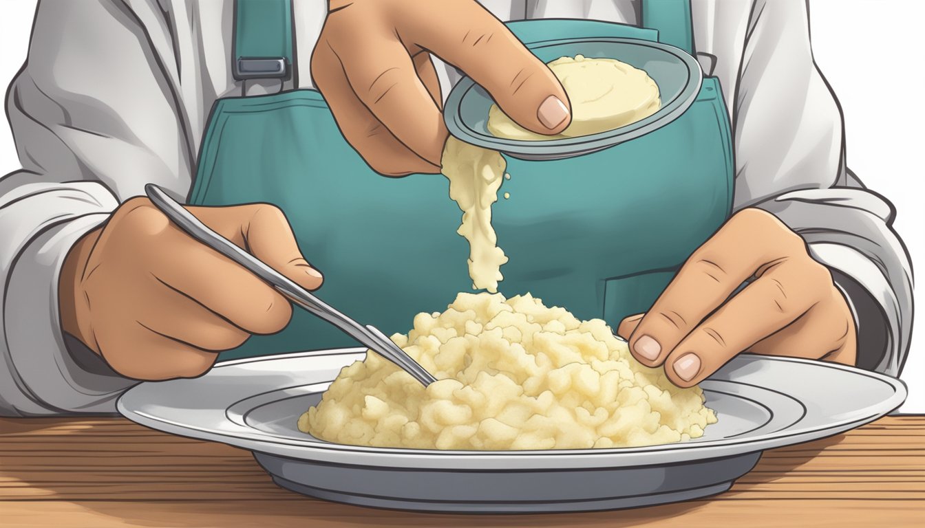 A diabetic portioning out a measured serving of mashed potatoes onto a plate