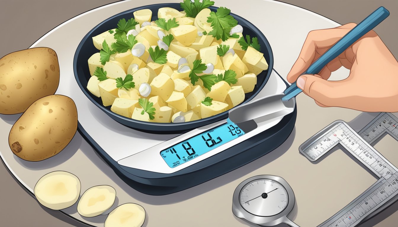 A diabetic measuring a portion of potato salad on a plate, with a measuring cup and a food scale nearby