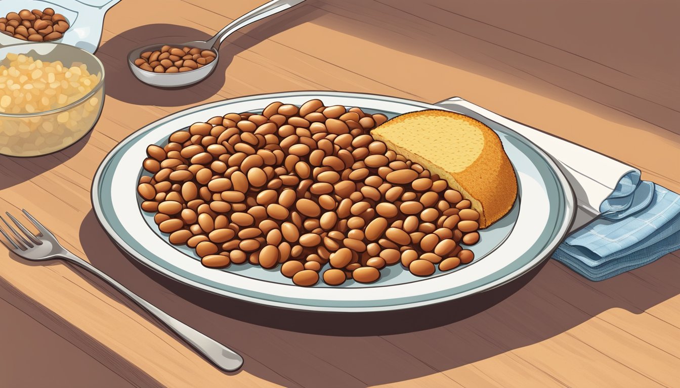 A plate with a measured portion of baked beans next to a diabetic meal plan chart