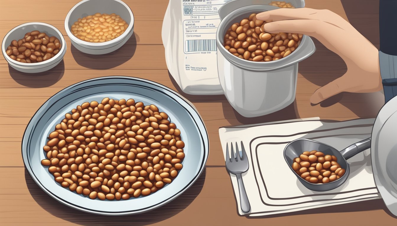 A diabetic portioning out a serving of baked beans onto a plate, with a nutrition label and measuring cup nearby