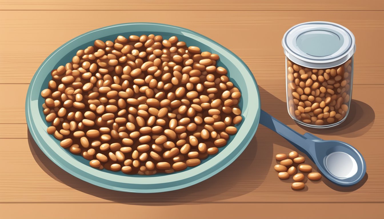 A plate of baked beans with a measuring cup next to it, indicating portion control for a diabetic diet