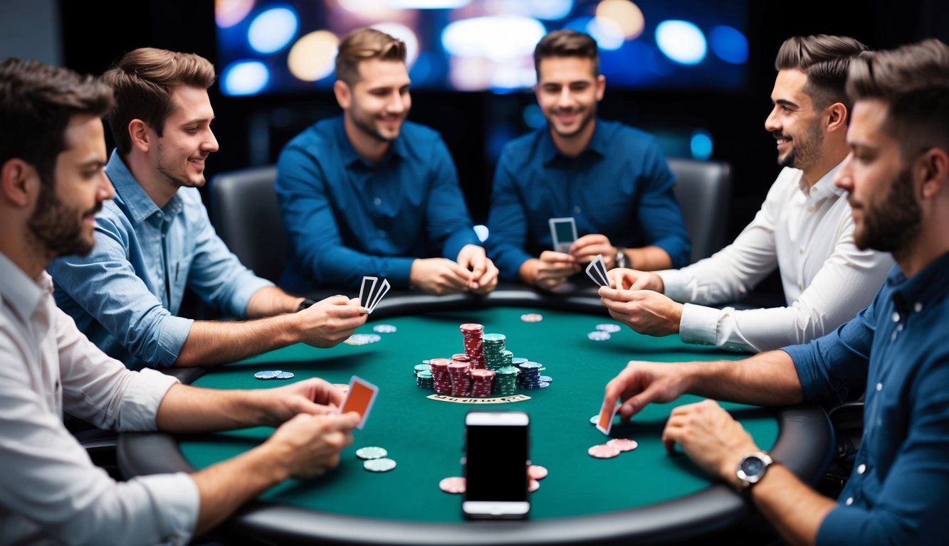 Sekelompok orang duduk di sekitar meja, masing-masing dengan setumpuk kartu, chip, dan komputer atau perangkat seluler, bermain poker online.