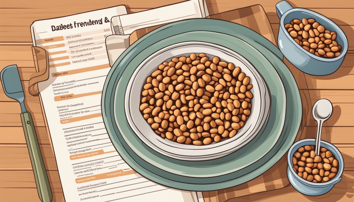 A plate with a small portion of baked beans next to a measuring cup and a diabetes-friendly food guide